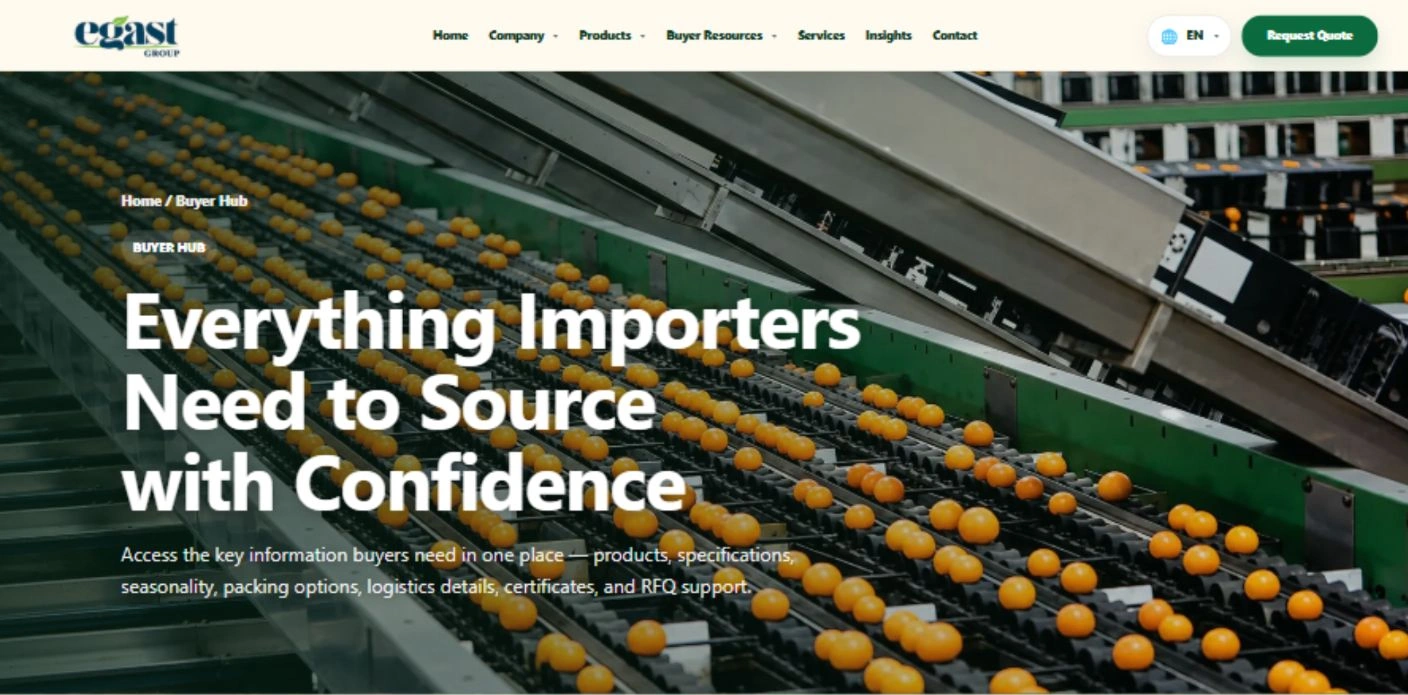 EGAST Buyer Hub page with navigation and an importers’ introduction over a packing-line photograph.