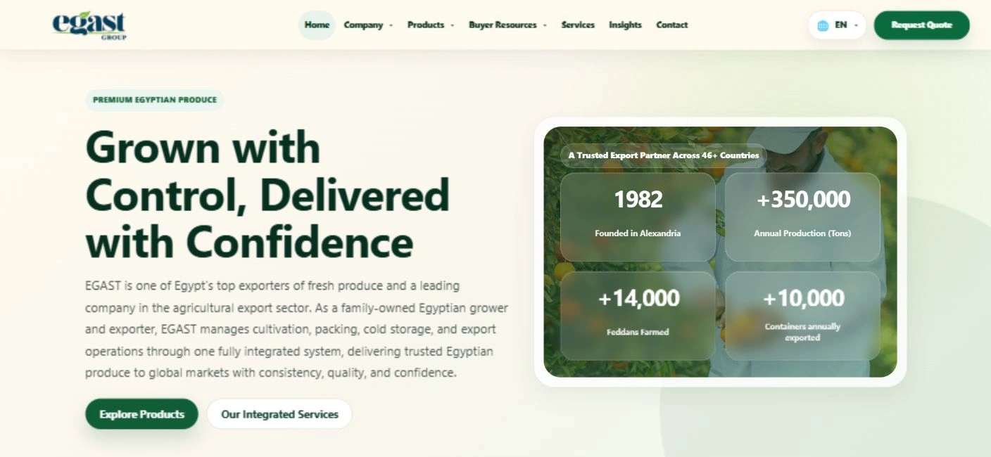 EGAST Group homepage at desktop width, with navigation, introduction and company figures.