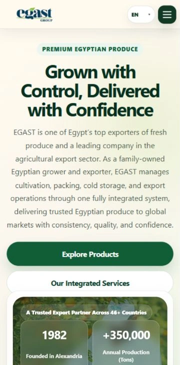 Mobile EGAST Group homepage with menu, introduction and product links.